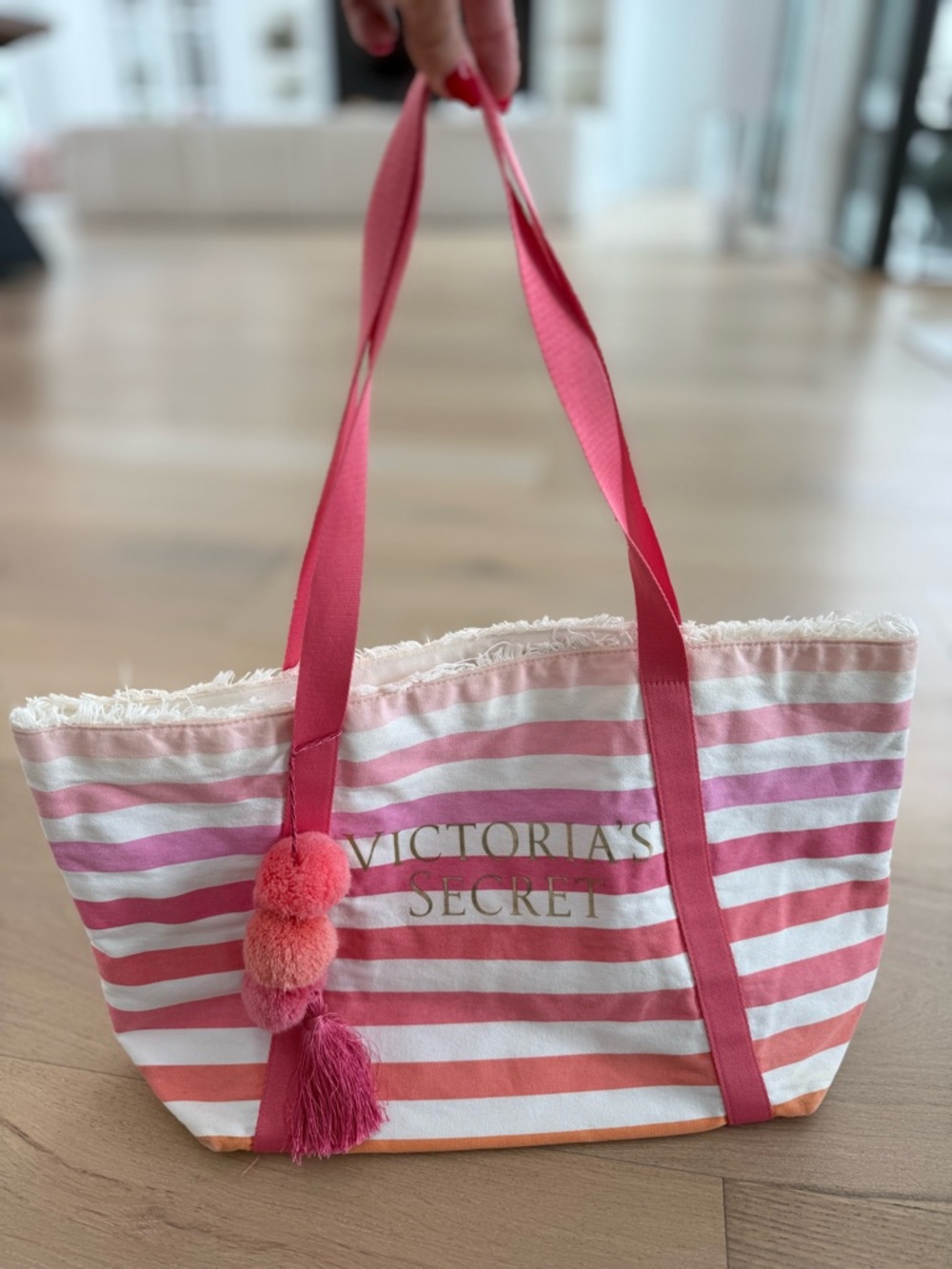 Victoria's Secret Pink, Coral & White Striped Canvas Tote with Pom-Pom